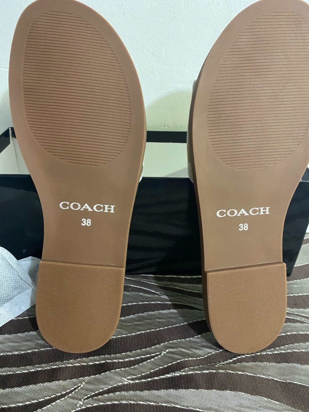 Coach Tan & Cream Signature Slide Sandals with Gold Hardware - Picture 2 of 4